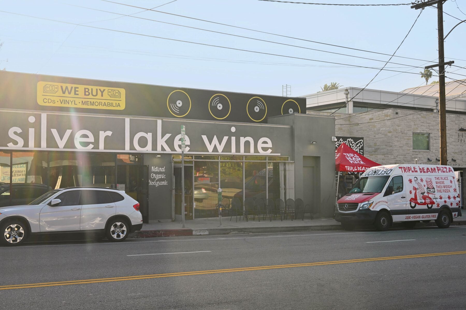 The Silver Lake Wine storefront with the Triple Beam Pizza truck out front